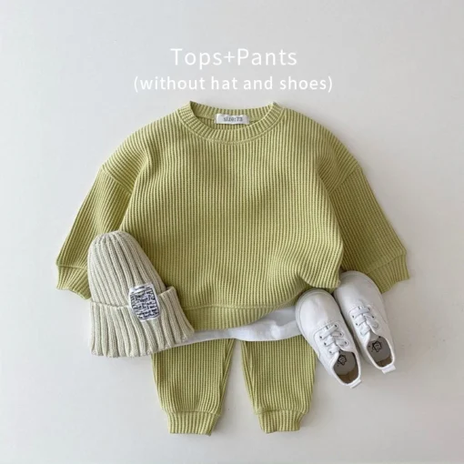 Waffle Cotton Tracksuit Set - Soft Pullover Top and Pants for Kids - Image 4