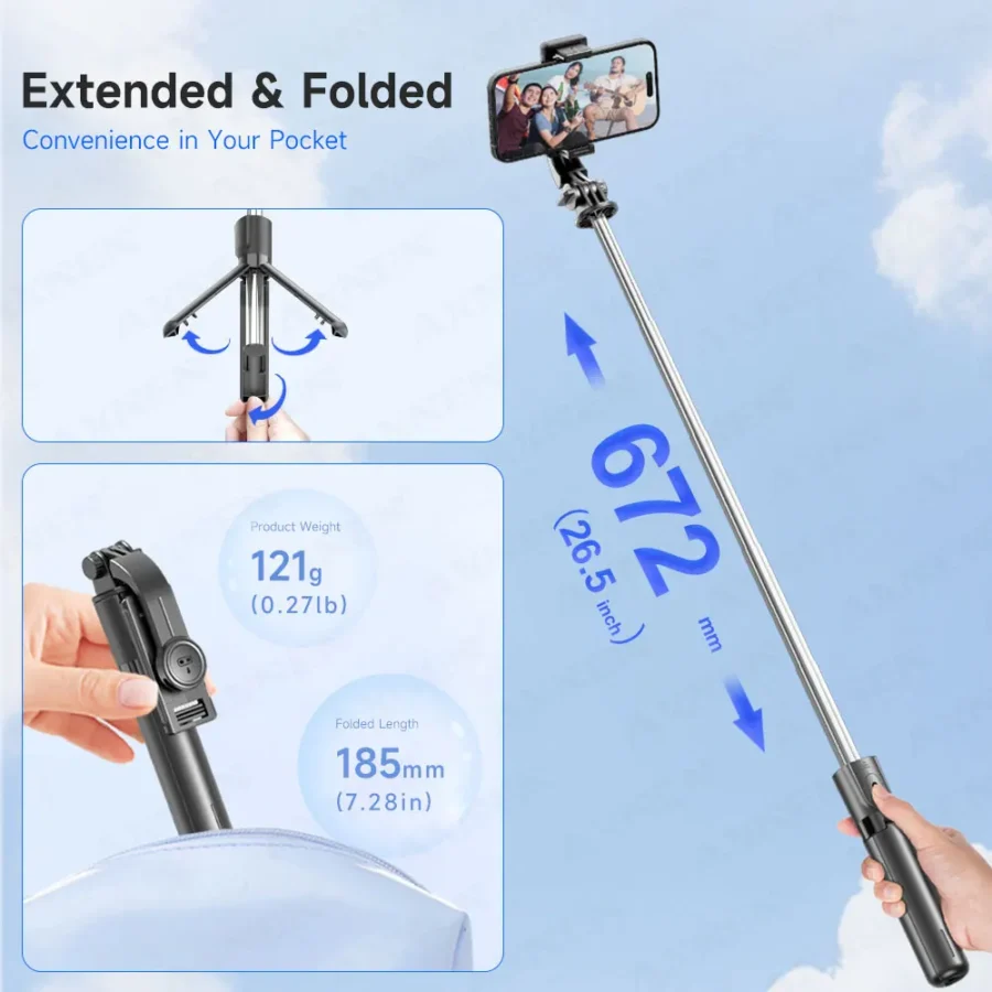 Selfie Stick Tripod with Detachable Bluetooth Remote, 360° Rotation,Extendable Pole, Fill Light Option, for iPhone Android Phone - Image 3