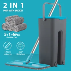 Flat Mop with Spin Bucket and Microfiber Pads for Efficient Home Cleaning