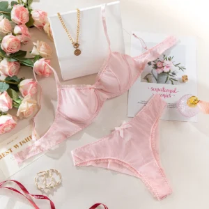 Ruffle Lingerie Set with Mesh Bow Detail for Women - Pink, XXL