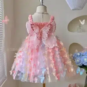 Baby Girls Evening Dress with Detachable Butterfly Wings in Colorful Design