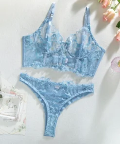 Alternative view of Bikini Embroidered Mesh Fishbone Underwire Camisole Low-Cut Triangle Panties Sexy Lingerie Set