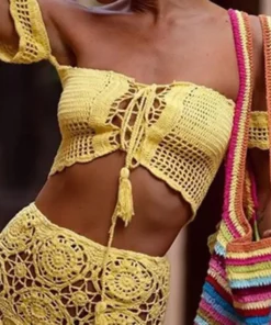 Bohemia Sexy Bikinis Crochet Knitted Front Bandage Swimming Suit High Waist Front Back Wearing Tummy Control Panty Bra Bathing