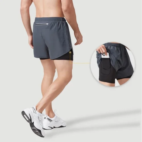Alternative view of Men's Running Shorts Quick-drying Fitness Black Double Layer Shorts Men New Sport Workout Training Bodybuilding Short Pants