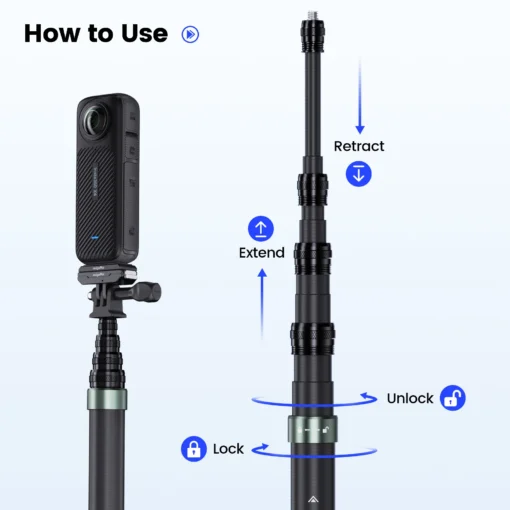 Selfie Stick with 118-Inch Extension, Lightweight Carbon Fiber for GoPro and DJI Cameras - Image 3