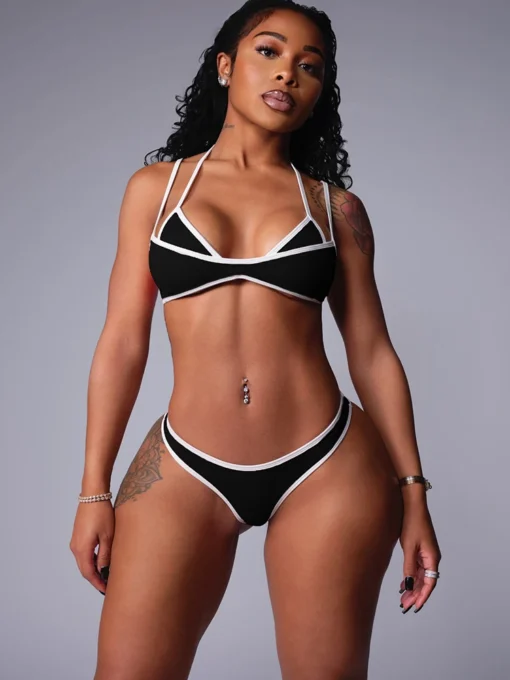 Women's Halter Bra Top and Skinny Panties Set with White Border for Summer Wear - Image 3