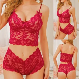 Women's Bra and Panty Set with Lace Patchwork Design - Big red, S