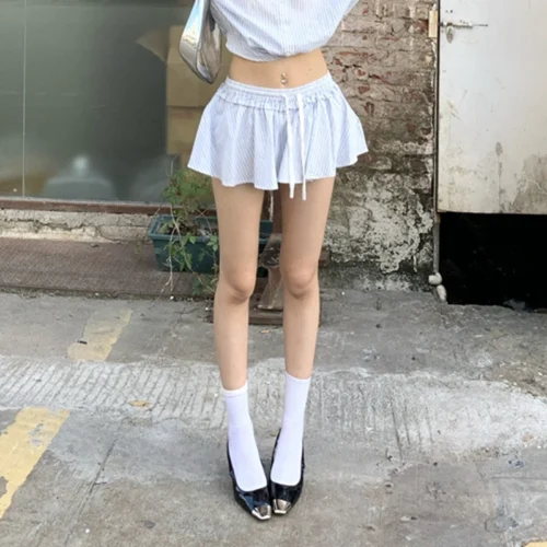 Women Summer Y2K Chic Striped Short Mini Ruffle A-line Skirts with Safety Panties Drawstring Elastic Low Waist Skorts