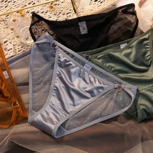 Cotton Mid Waist Briefs with Lace Trim and Dot Print for Women - Image 3