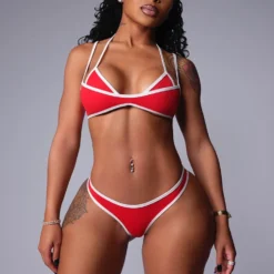 Women's Halter Bra Top and Skinny Panties Set with White Border for Summer Wear