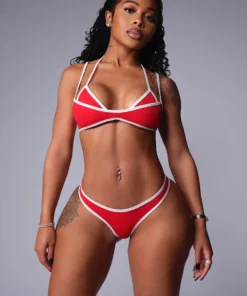 Whatiwear Fashion Patchwork 2 Piece Set Women Halter White Border Bra Tops+Skinny Panties Vacation Trend Beach Style Party Suits