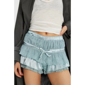 Satin Boyshorts with Lace Trim and Layered Ruffle Design for Women - B, S