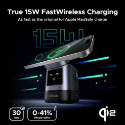Alternative view of UGREEN Qi2 Magnetic Wireless Charging Stand with 15W Output for iPhone