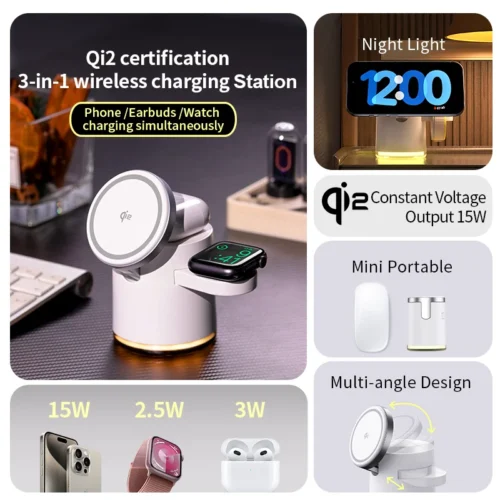 Alternative view of 2025 New Qi2 Wireless Charger 3-in-1 Fast Charging Station Stand Folding Holder for iPhone16 15 14 ProMax Airpods Apple Watch