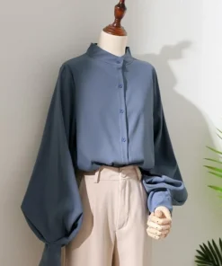 Alternative view of Woman Spring Autumn Style Blouses Shirt Lady Long Lantern Sleeve Stand Collar Loose Blusas Tops DF4847