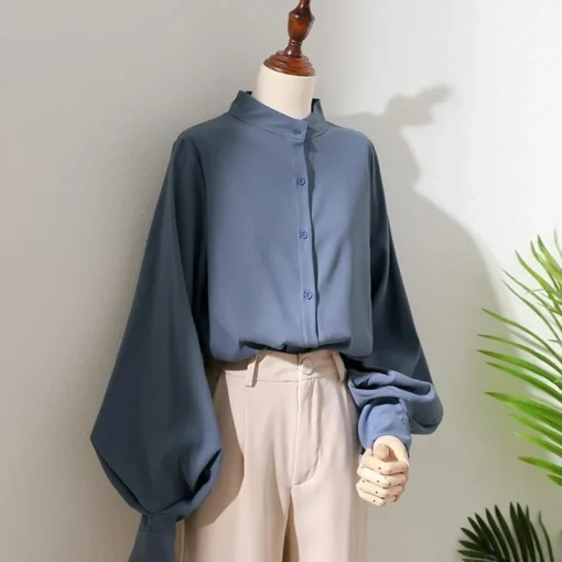 Lantern Sleeve Blouse with Stand Collar and Loose Fit for Women in Spring and Autumn - Image 2