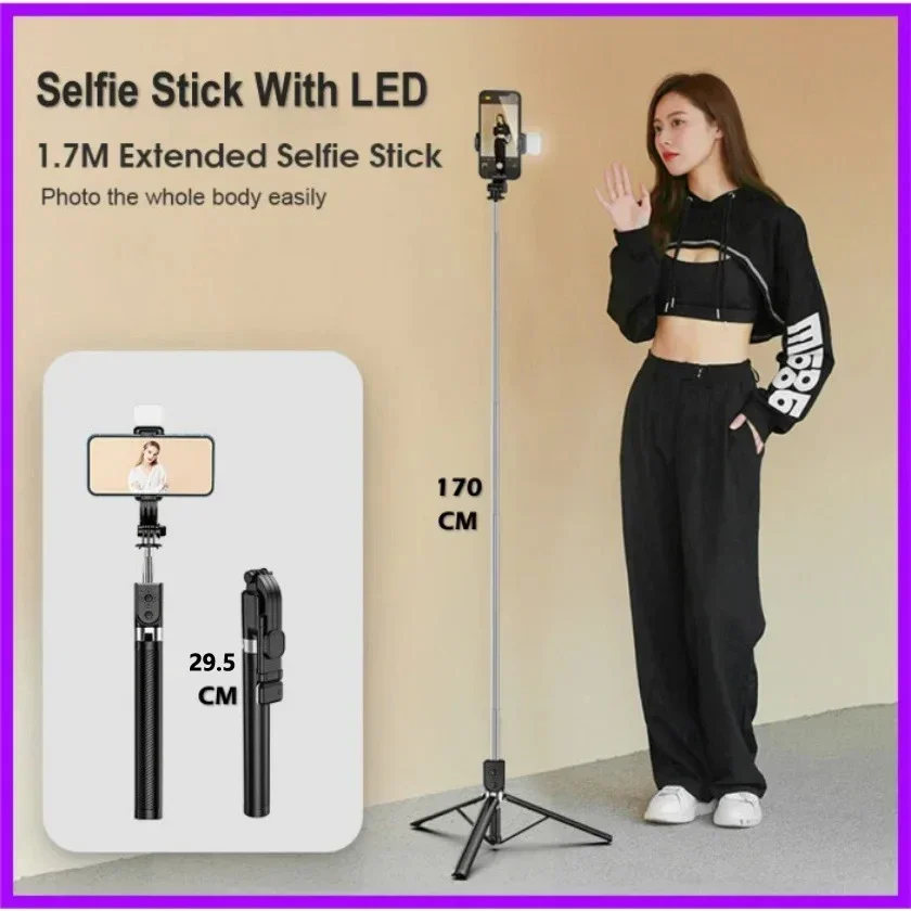Selfie Stick with 1700mm Reach, Tripod Stand, and Bluetooth Remote for Smartphones - Image 5