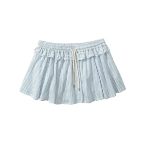 Women's Mini Ruffle Skirt with Striped Pattern and Built-in Safety Panties - Blue, L