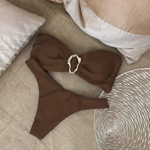 Alternative view of Women's Solid Color Fashionable Lingeries Sexy Hot Casual Metal Japanese Woman Panties Sexy BrasStrapless Bikini Split Swimsuit