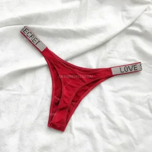 Fitness Thongs with Rhinestone Accents for Women - Low Rise Tanga Underwear - Red, M