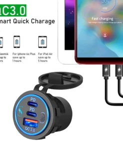 Alternative view of Car Charger Socket PD3.0 & QC3.0 Double USB C Ports Waterproof with LED Touch Switch 78W Fast Charging 12V/24V For Moto Adapter