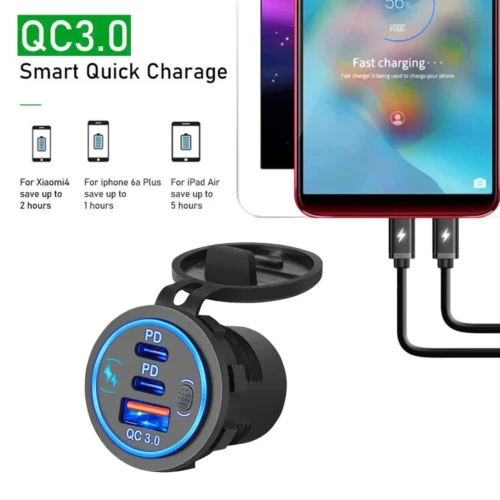 Alternative view of Car Charger Socket PD3.0 & QC3.0 Double USB C Ports Waterproof with LED Touch Switch 78W Fast Charging 12V/24V For Moto Adapter
