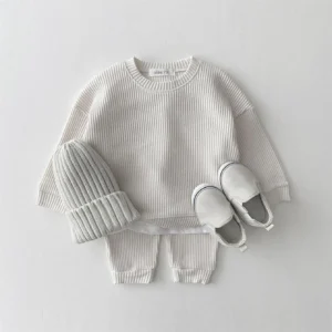 Waffle Cotton Tracksuit Set - Soft Pullover Top and Pants for Kids
