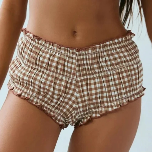 Womens Ruffle Bloomers Micro Shorts Ruched Trim Pettipants Plaid Pumpkin Pants Panties Booty Shorts Safety Shorts