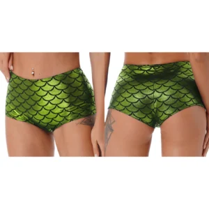 High Waist Booty Shorts with Shiny Mermaid Fish Scale Design for Women - Fluorescent green, One Size
