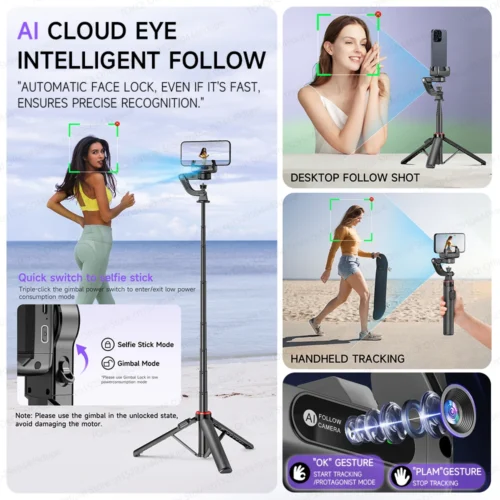 Alternative view of C22 AI Face Tracking Handheld Gimbal Stabiliser 360° Rotation Shoot Selfie Stick Tripod for Mobile Phone, 1/4'' Screw for Camera