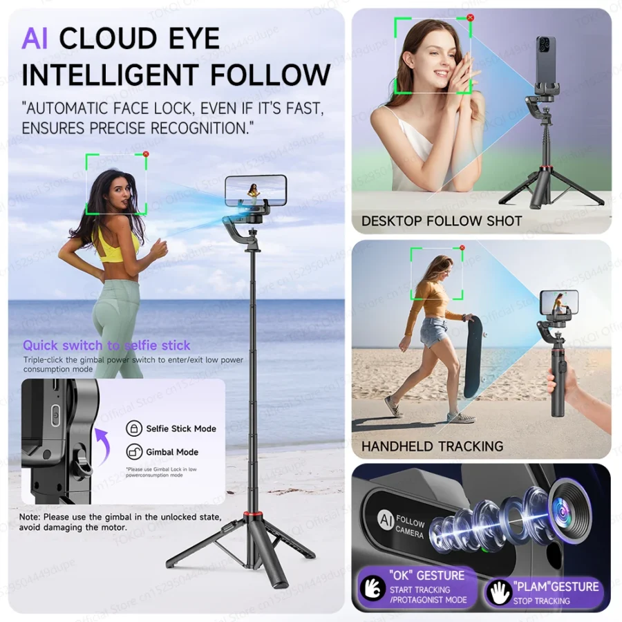 C22 AI Face Tracking Handheld Gimbal Stabiliser 360° Rotation Shoot Selfie Stick Tripod for Mobile Phone, 1/4'' Screw for Camera - Image 2