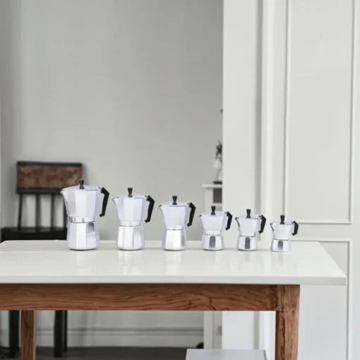 Mocha Coffee Pot Set with Classic Italian Design for Two Cups in Silver Metal - Image 5