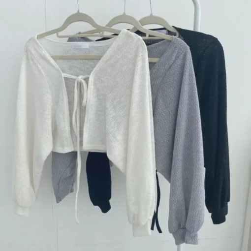 Knitwear Top with Lace-up Design and Lantern Sleeves for Women Summer Sun Protection - Image 5