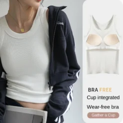 Alternative view of Ribbed Tank Top with Chest Pad for Women - Solid Round Neck Summer Essential