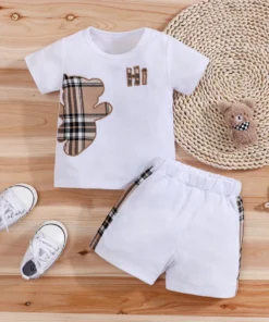 2pcs IURNXB Baby Clothes Set Infant Short Sleeve Tees+Shorts Cartoon Checked Bear Print Cute Kids Tops Pants Casual Suits 3-24M