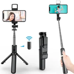 Bluetooth selfie stick with wireless remote, retractable tripod for mobile phone users