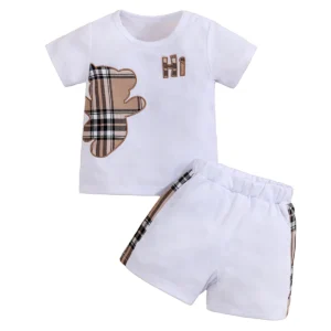 Infant Short Sleeve Tee and Shorts Set with Cartoon Checked Bear Print