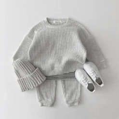 Waffle Cotton Tracksuit Set - Soft Pullover Top and Pants for Kids