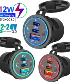 Car Charger Socket PD3.0 & QC3.0 Double USB C Ports Waterproof with LED Touch Switch 78W Fast Charging 12V/24V For Moto Adapter