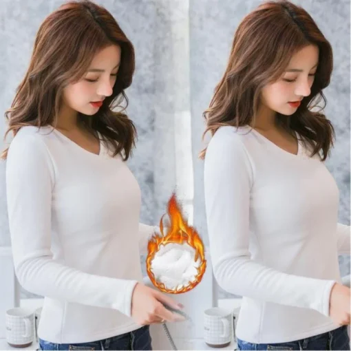Long-Sleeved Thermal T-Shirt with V-Neck Design for Women - Image 5