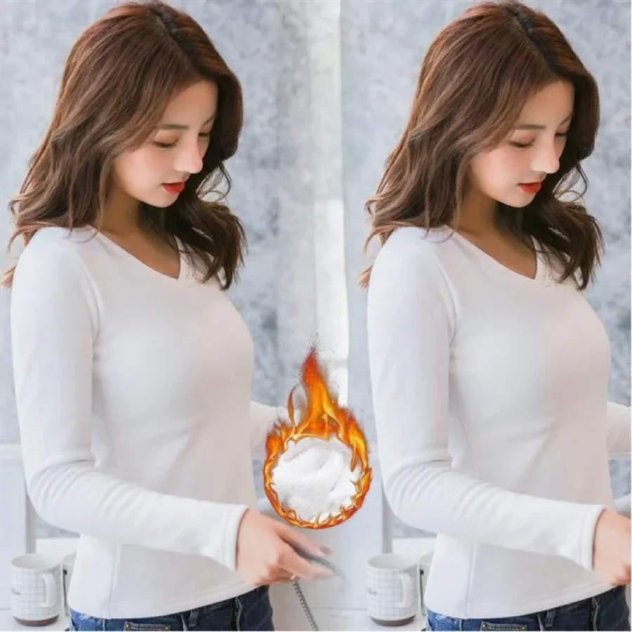 1pcs Women Autumn Winter Long-sleeved T-shirt Lady Thermal Underwear Thick Velvet Slim Fit Fashion New Style V-neck Top - Image 5