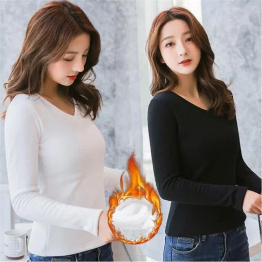 Long-Sleeved Thermal T-Shirt with V-Neck Design for Women - Image 4