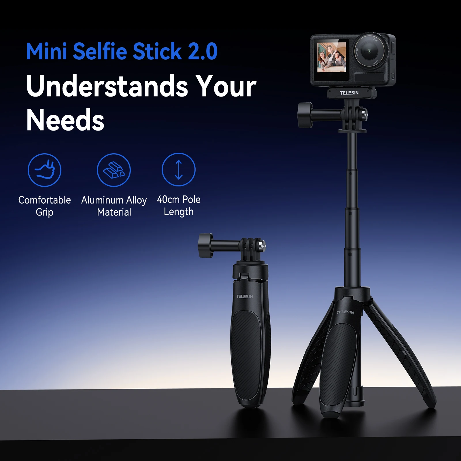 Mini Tripod Selfie Stick with Adjustable Length for GoPro Insta360 DJI Osmo Action Cameras - Image 2