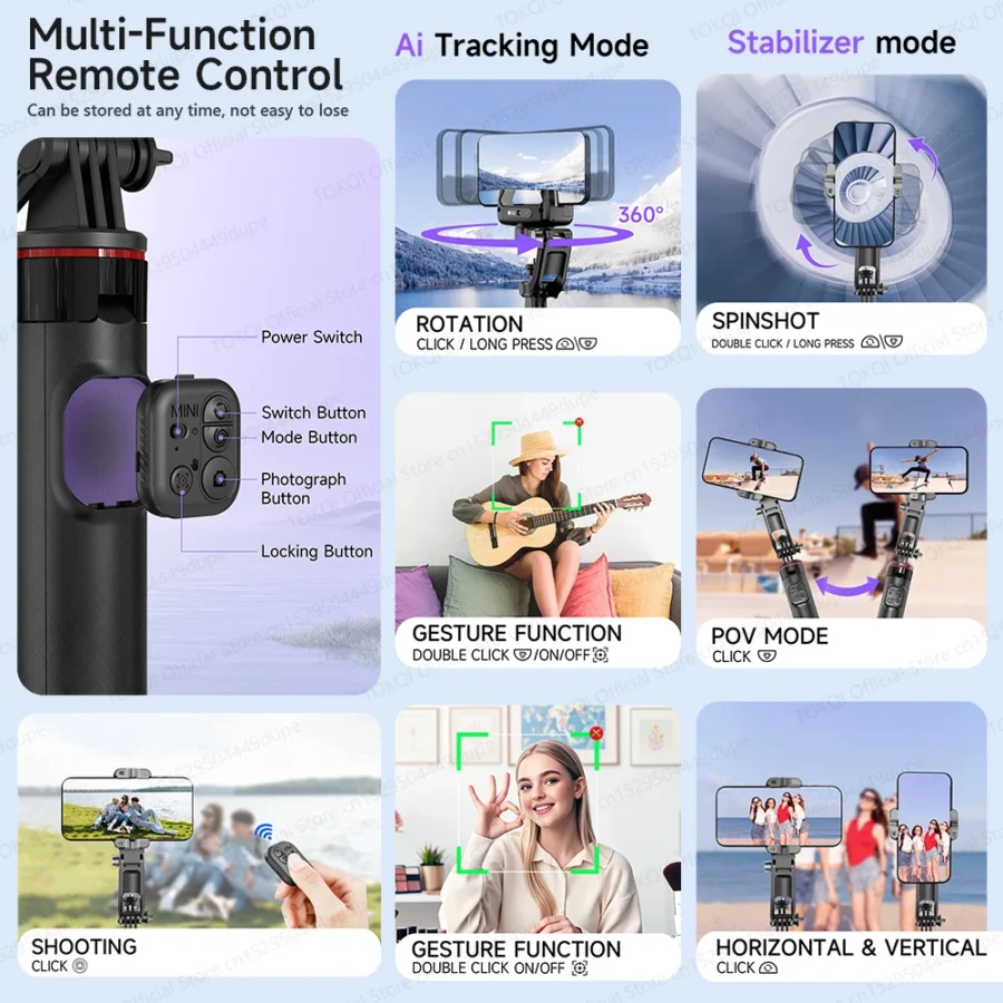 C22 AI Face Tracking Handheld Gimbal Stabiliser 360° Rotation Shoot Selfie Stick Tripod for Mobile Phone, 1/4'' Screw for Camera - Image 5