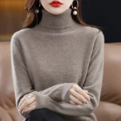 Alternative view of Merino Wool Cashmere Turtleneck Sweater for Women - Knitted Long Sleeve Pullover for Autumn Winter