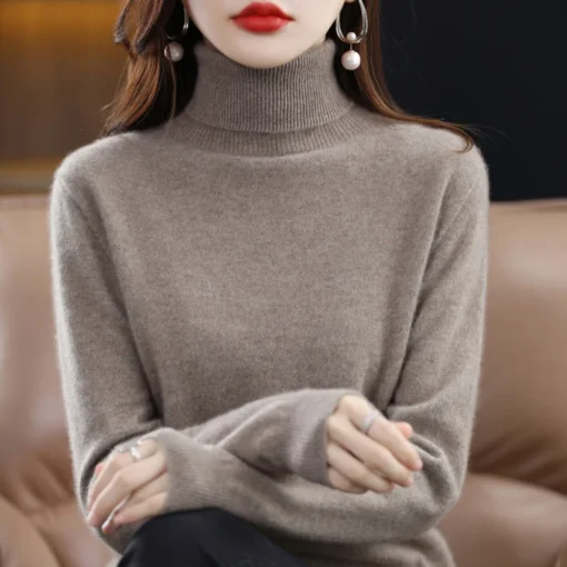 Merino Wool Cashmere Turtleneck Sweater for Women - Knitted Long Sleeve Pullover for Autumn Winter - Image 2