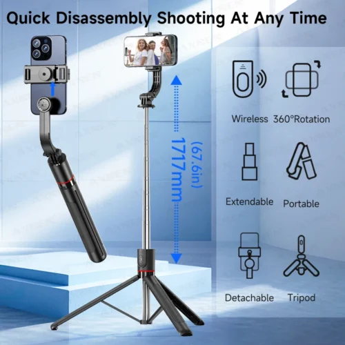 Alternative view of F15 Selfie Stick Tripod with Bluetooth Remote, 6-Section Extendable Pole, 360° Rotation, Fill Light Option, for Phone Vlog