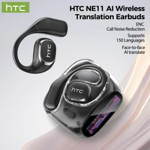 HTC NE11 Earphones Bluetooth V6.0 AI Translator Earbuds Open-Ear Wireless Headphones LCD Screen BASS Stereo 8 Hours Long-life