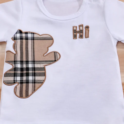 Infant Short Sleeve Tee and Shorts Set with Cartoon Checked Bear Print - Image 5