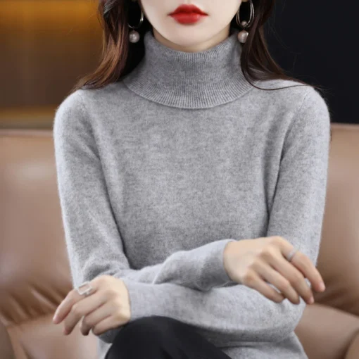 Merino Wool Cashmere Turtleneck Sweater for Women - Knitted Long Sleeve Pullover for Autumn Winter - Image 3
